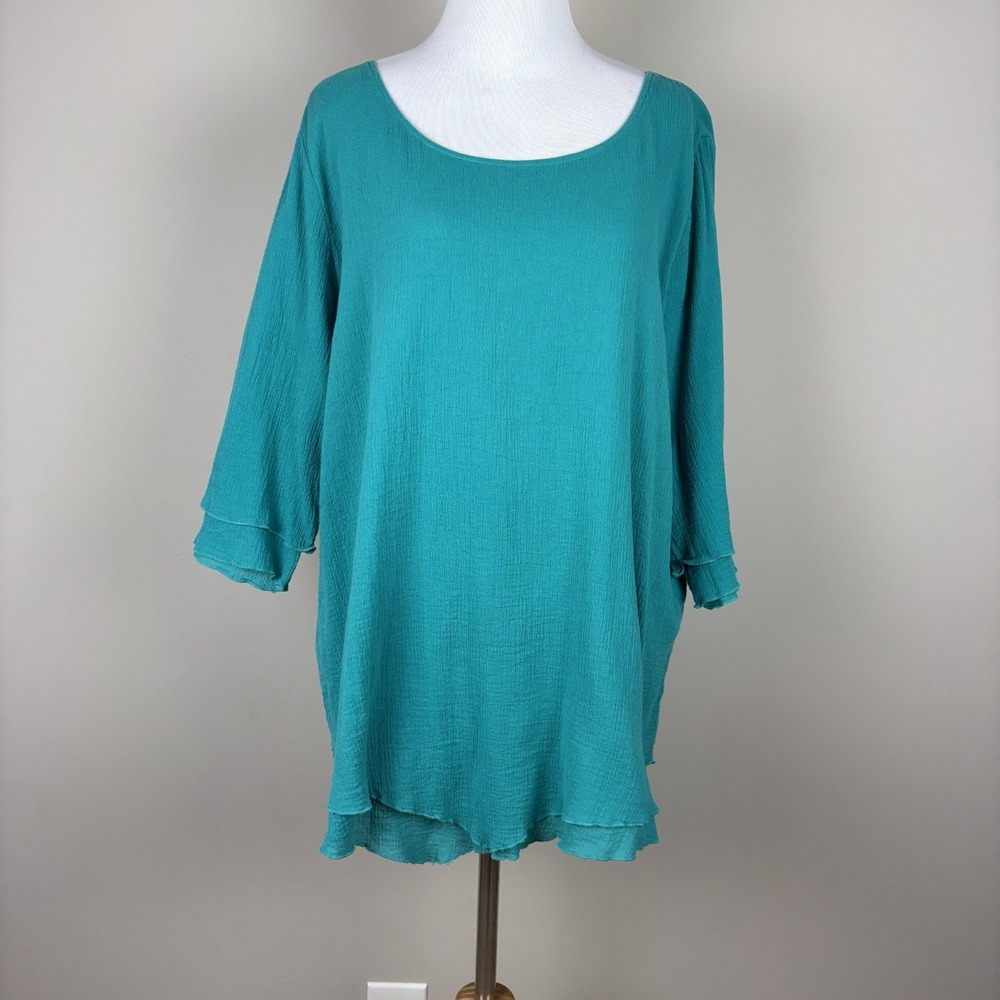 Soft Surroundings Tunic Top Womens Large Green Gauze Coastal Beachy Siesta Key L